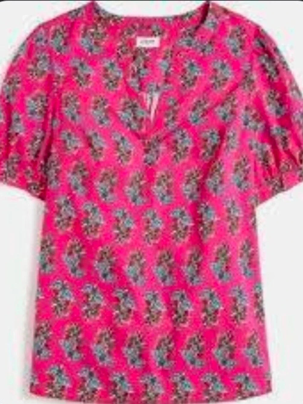 J. Crew Pink Floral Split-Neck Puff Sleeve Blouse Size Med